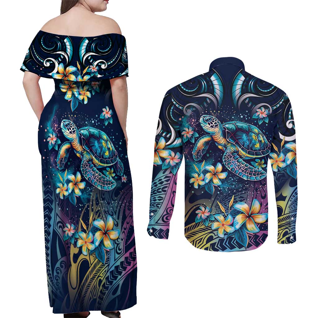 Plumeria Turtles Traditional Tribal Couples Matching Off Shoulder Maxi Dress and Long Sleeve Button Shirt LT9 - Polynesian Pride