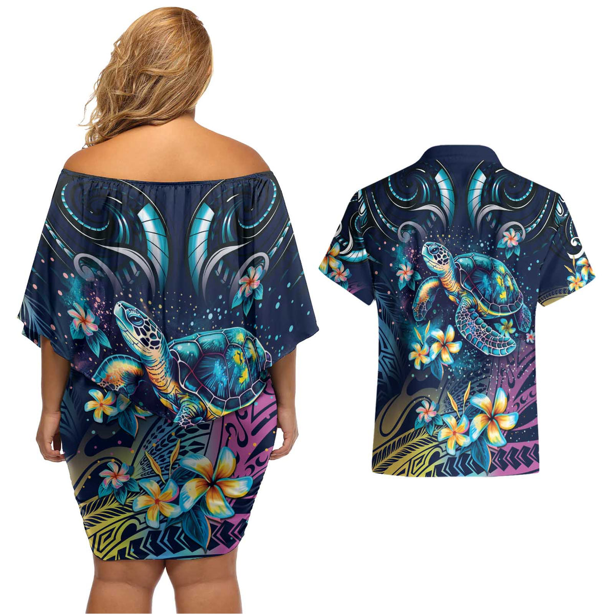 Plumeria Turtles Traditional Tribal Couples Matching Off Shoulder Short Dress and Hawaiian Shirt LT9 - Polynesian Pride
