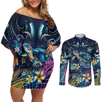 Plumeria Turtles Traditional Tribal Couples Matching Off Shoulder Short Dress and Long Sleeve Button Shirt LT9 Black - Polynesian Pride