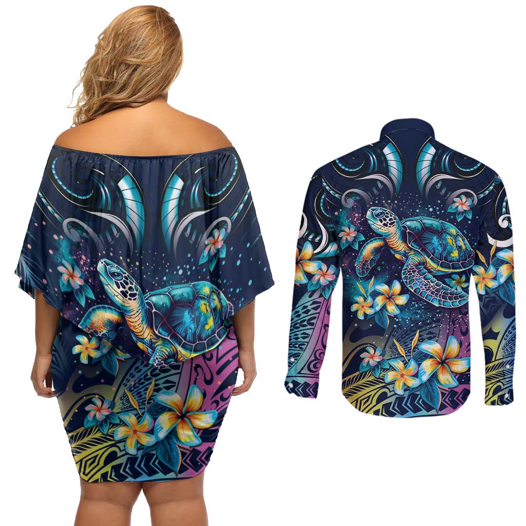 Plumeria Turtles Traditional Tribal Couples Matching Off Shoulder Short Dress and Long Sleeve Button Shirt LT9 - Polynesian Pride