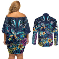 Plumeria Turtles Traditional Tribal Couples Matching Off Shoulder Short Dress and Long Sleeve Button Shirt LT9 - Polynesian Pride