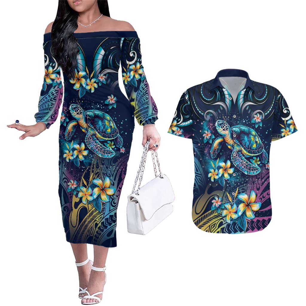 Plumeria Turtles Traditional Tribal Couples Matching Off The Shoulder Long Sleeve Dress and Hawaiian Shirt LT9 Black - Polynesian Pride