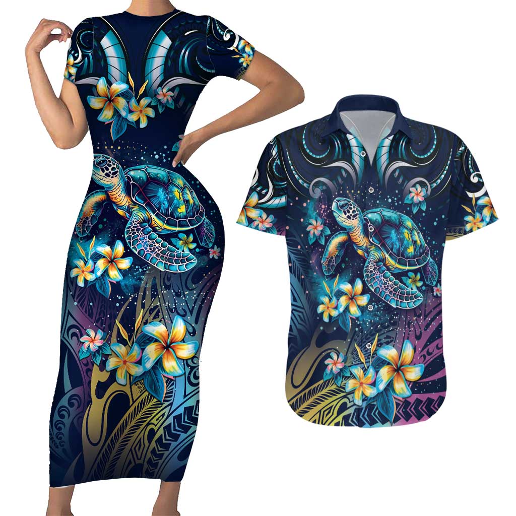 Plumeria Turtles Traditional Tribal Couples Matching Short Sleeve Bodycon Dress and Hawaiian Shirt LT9 Black - Polynesian Pride
