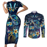 Plumeria Turtles Traditional Tribal Couples Matching Short Sleeve Bodycon Dress and Long Sleeve Button Shirt LT9 Black - Polynesian Pride