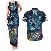 Plumeria Turtles Traditional Tribal Couples Matching Tank Maxi Dress and Hawaiian Shirt LT9 Black - Polynesian Pride