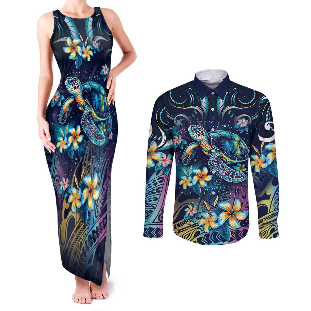 Plumeria Turtles Traditional Tribal Couples Matching Tank Maxi Dress and Long Sleeve Button Shirt LT9 Black - Polynesian Pride