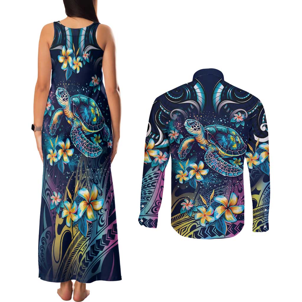 Plumeria Turtles Traditional Tribal Couples Matching Tank Maxi Dress and Long Sleeve Button Shirt LT9 - Polynesian Pride