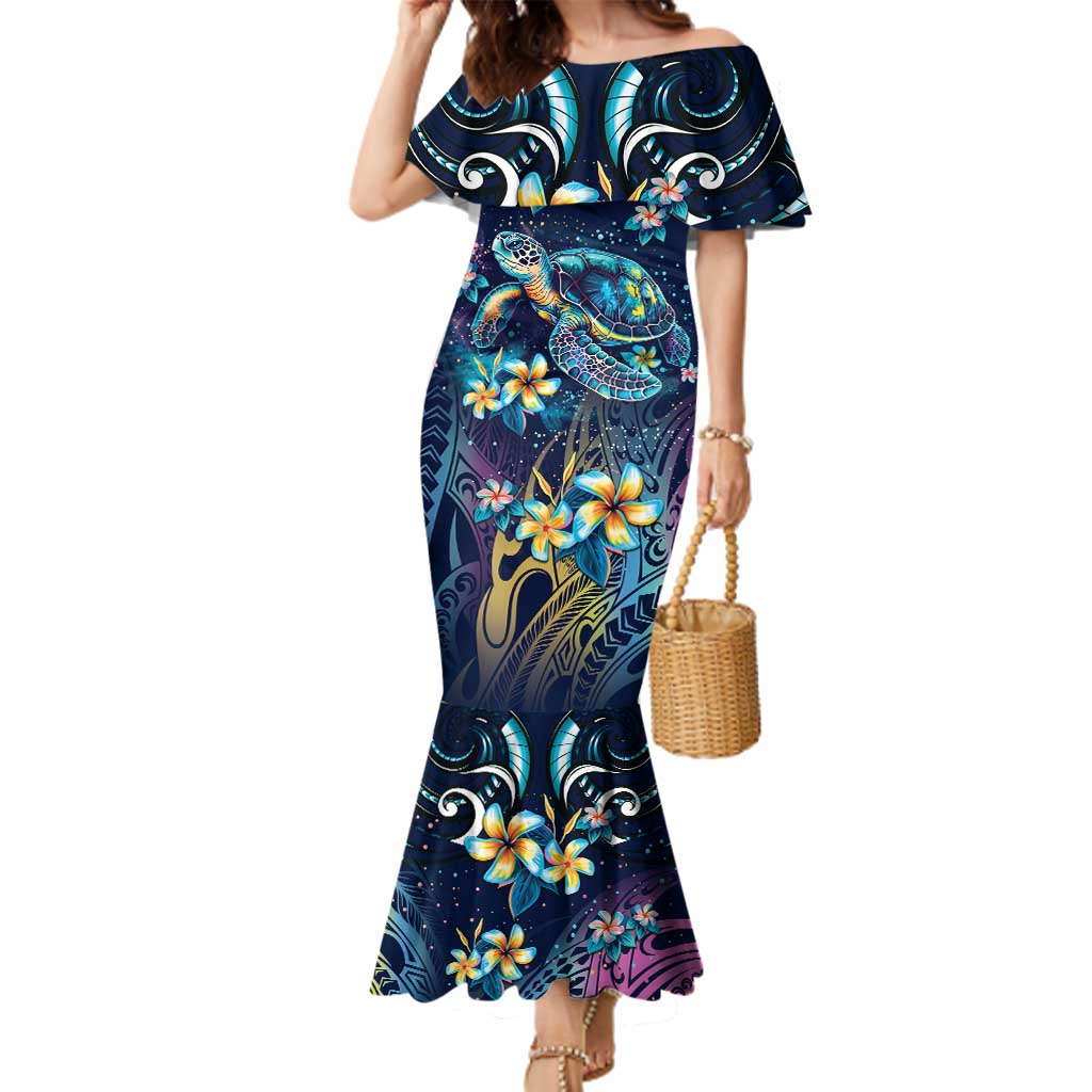 Plumeria Turtles Traditional Tribal Family Matching Mermaid Dress and Hawaiian Shirt LT9 Mom's Dress Black - Polynesian Pride