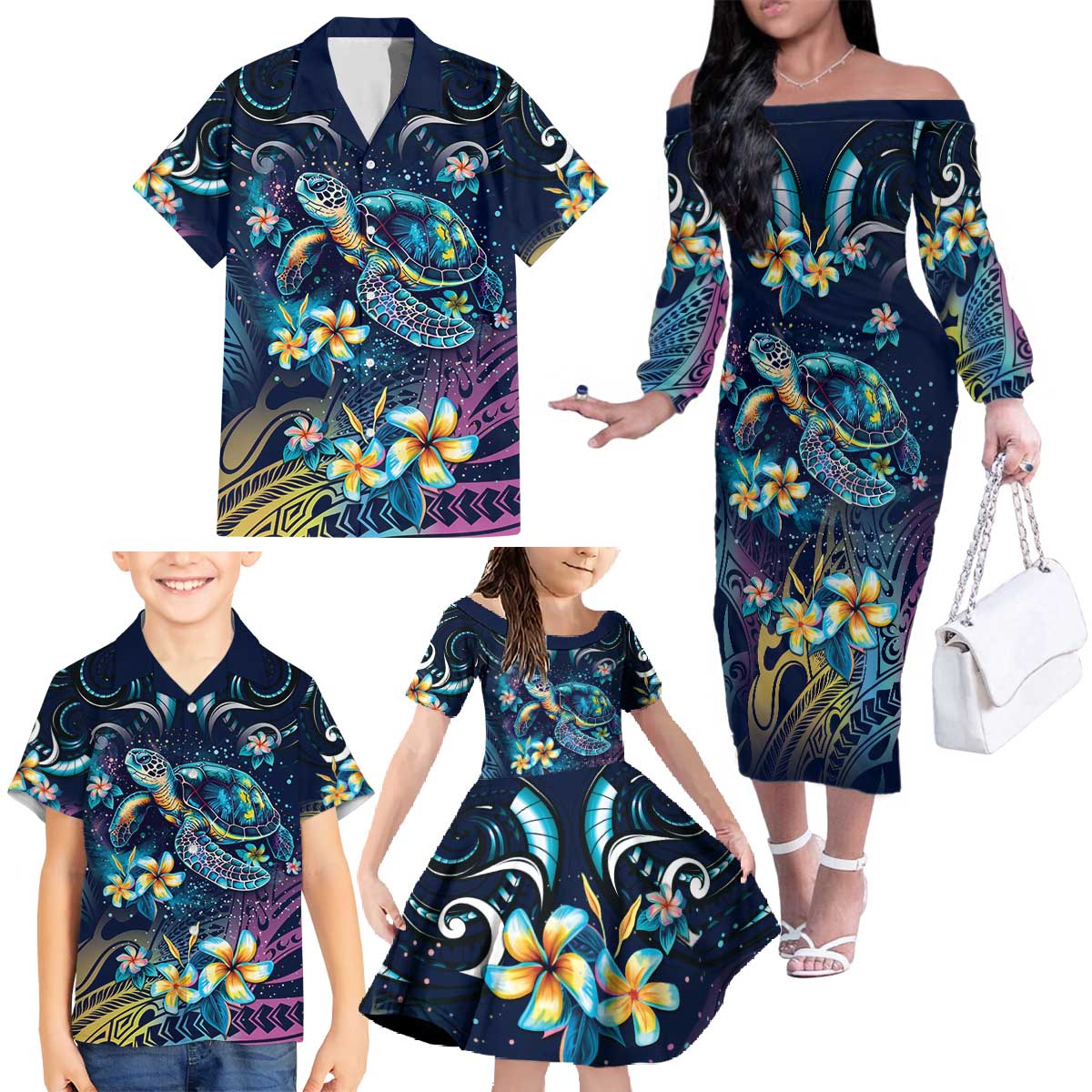 Plumeria Turtles Traditional Tribal Family Matching Off The Shoulder Long Sleeve Dress and Hawaiian Shirt LT9 - Polynesian Pride