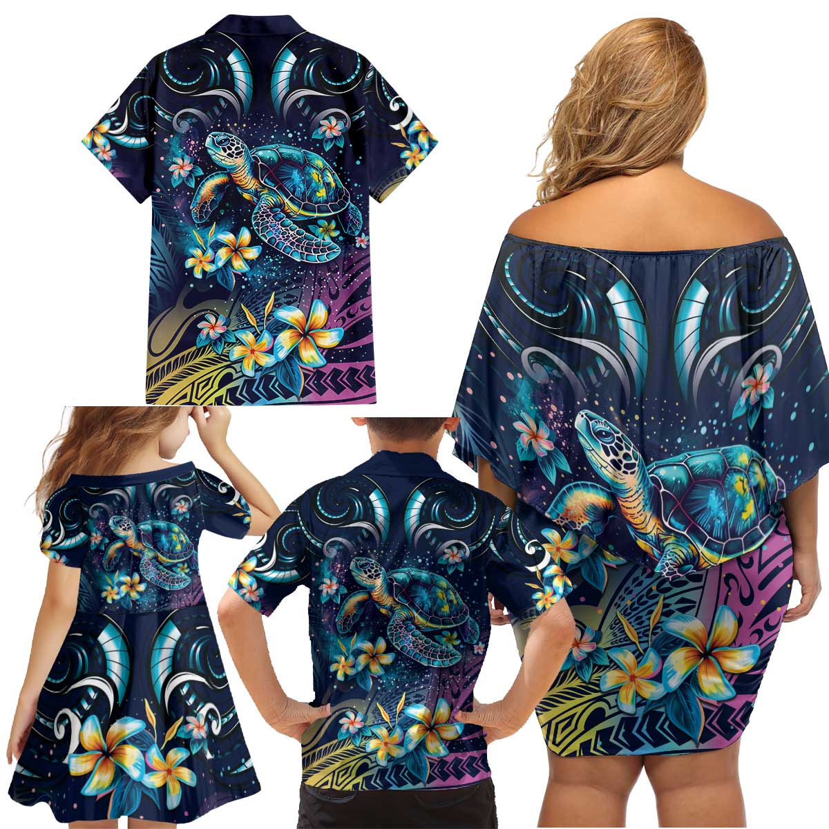 Plumeria Turtles Traditional Tribal Family Matching Off Shoulder Short Dress and Hawaiian Shirt LT9 - Polynesian Pride