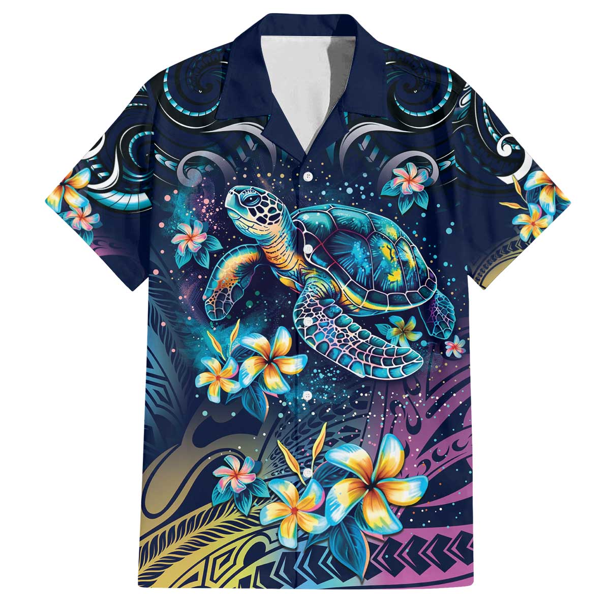 Plumeria Turtles Traditional Tribal Family Matching Off Shoulder Short Dress and Hawaiian Shirt LT9 Dad's Shirt - Short Sleeve Black - Polynesian Pride