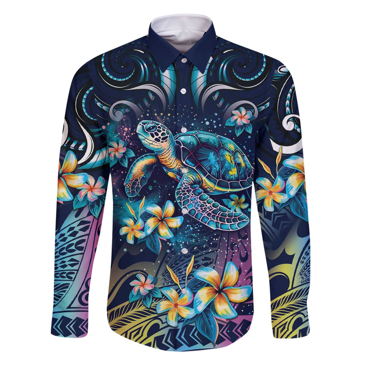 Plumeria Turtles Traditional Tribal Family Matching Off Shoulder Short Dress and Hawaiian Shirt LT9 Dad's Shirt - Long Sleeve Black - Polynesian Pride