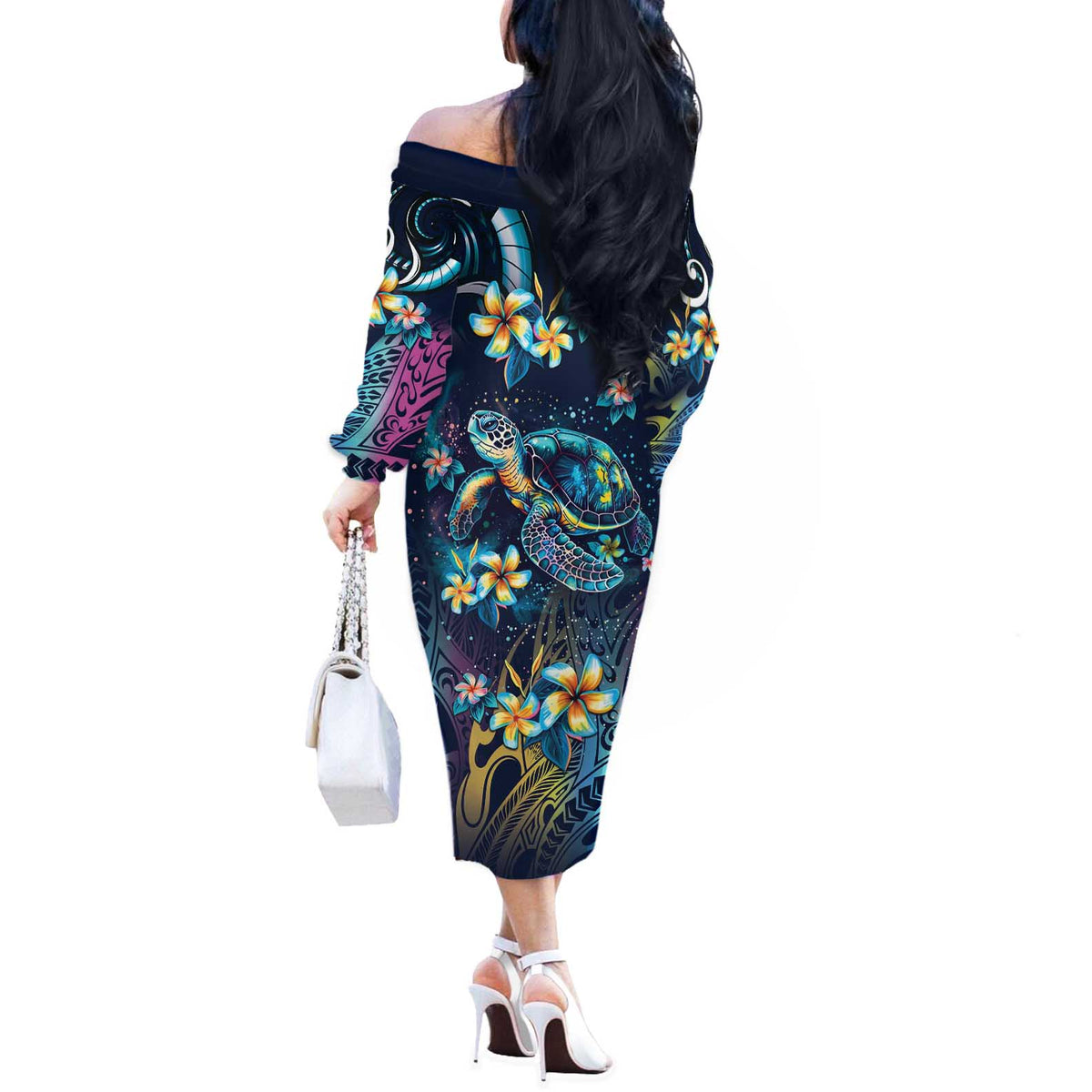 Plumeria Turtles Traditional Tribal Off The Shoulder Long Sleeve Dress