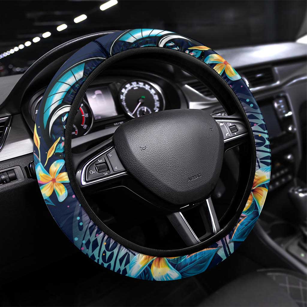 Plumeria Turtles Traditional Tribal Steering Wheel Cover LT9 Universal Fit Black - Polynesian Pride