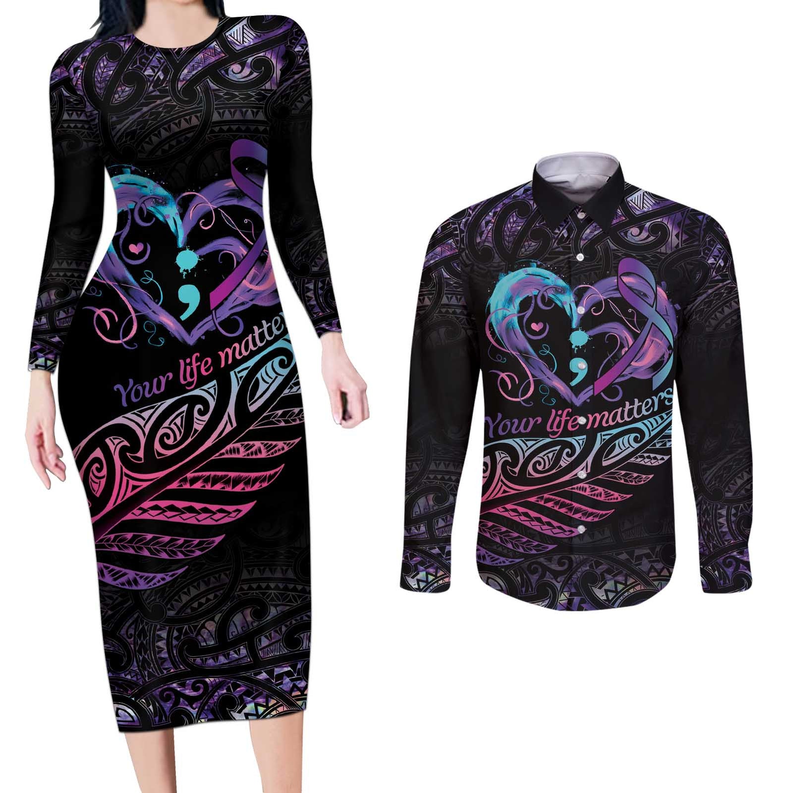 Personalised Your Life Matters Couples Matching Long Sleeve Bodycon Dress and Long Sleeve Button Shirt Suicide Prevention Awareness Semicolon Heart LT9 Black - Polynesian Pride