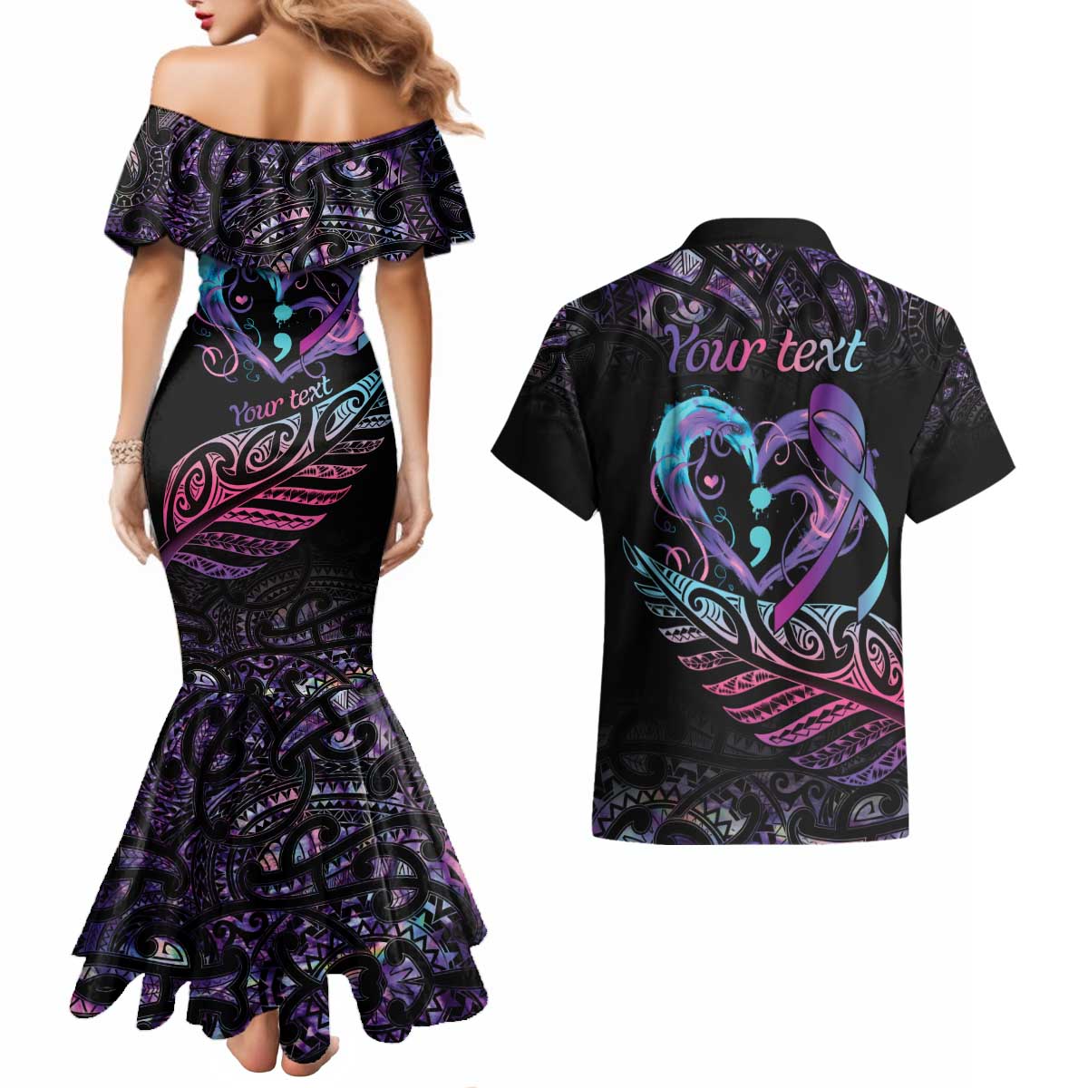 Personalised Your Life Matters Couples Matching Mermaid Dress and Hawaiian Shirt Suicide Prevention Awareness Semicolon Heart LT9 - Polynesian Pride