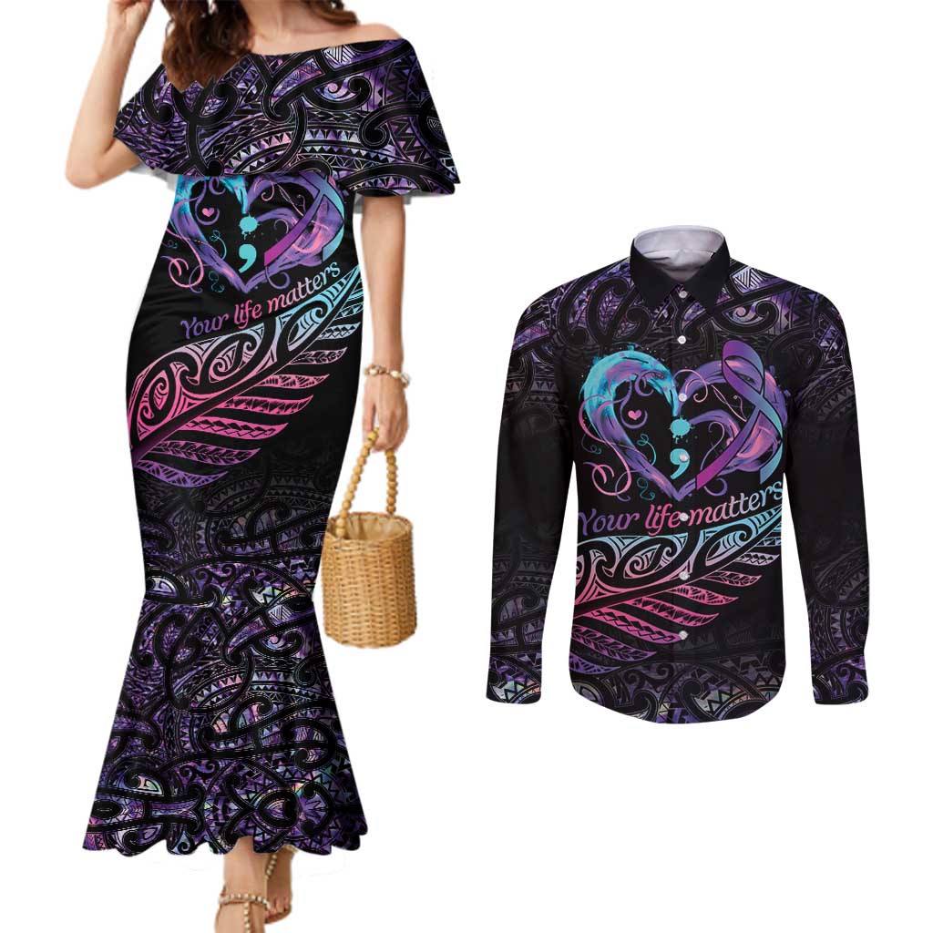 Personalised Your Life Matters Couples Matching Mermaid Dress and Long Sleeve Button Shirt Suicide Prevention Awareness Semicolon Heart LT9 Black - Polynesian Pride