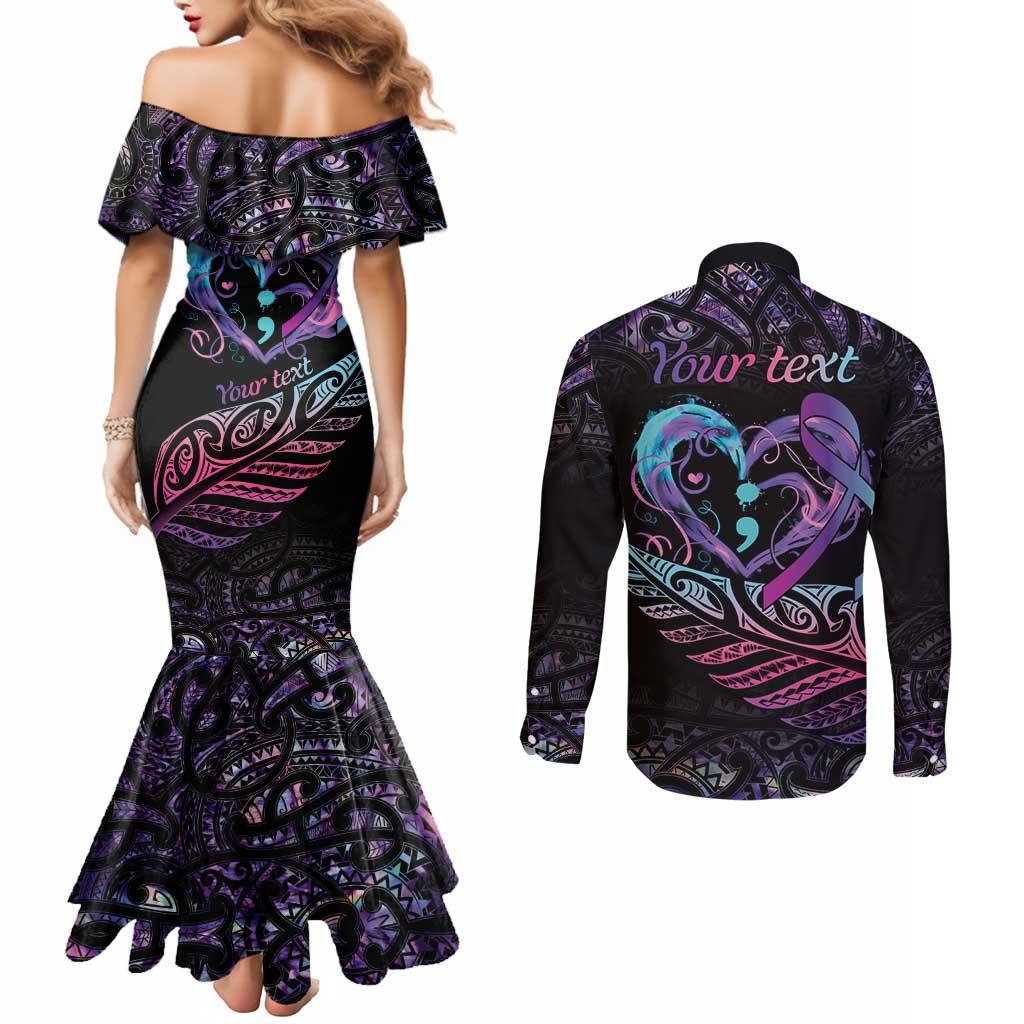 Personalised Your Life Matters Couples Matching Mermaid Dress and Long Sleeve Button Shirt Suicide Prevention Awareness Semicolon Heart LT9 - Polynesian Pride