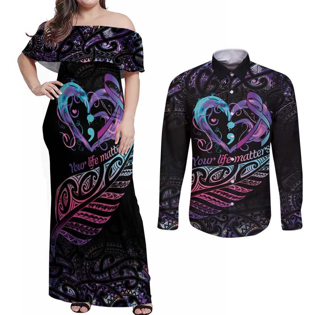 Personalised Your Life Matters Couples Matching Off Shoulder Maxi Dress and Long Sleeve Button Shirt Suicide Prevention Awareness Semicolon Heart LT9 Black - Polynesian Pride