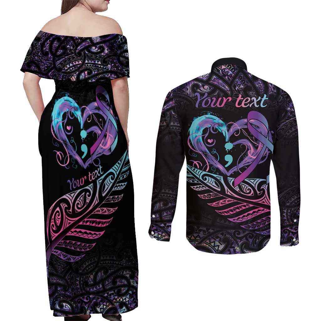 Personalised Your Life Matters Couples Matching Off Shoulder Maxi Dress and Long Sleeve Button Shirt Suicide Prevention Awareness Semicolon Heart LT9 - Polynesian Pride