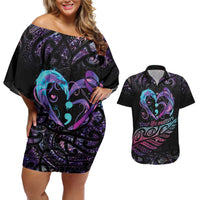 Personalised Your Life Matters Couples Matching Off Shoulder Short Dress and Hawaiian Shirt Suicide Prevention Awareness Semicolon Heart LT9 Black - Polynesian Pride