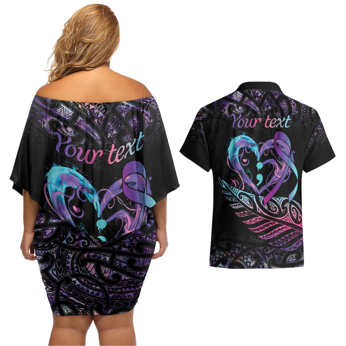 Personalised Your Life Matters Couples Matching Off Shoulder Short Dress and Hawaiian Shirt Suicide Prevention Awareness Semicolon Heart LT9 - Polynesian Pride