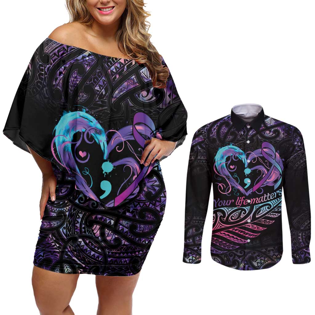 Personalised Your Life Matters Couples Matching Off Shoulder Short Dress and Long Sleeve Button Shirt Suicide Prevention Awareness Semicolon Heart LT9 Black - Polynesian Pride