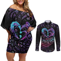 Personalised Your Life Matters Couples Matching Off Shoulder Short Dress and Long Sleeve Button Shirt Suicide Prevention Awareness Semicolon Heart LT9 Black - Polynesian Pride