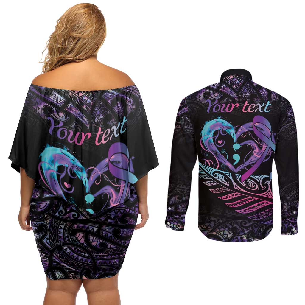 Personalised Your Life Matters Couples Matching Off Shoulder Short Dress and Long Sleeve Button Shirt Suicide Prevention Awareness Semicolon Heart LT9 - Polynesian Pride