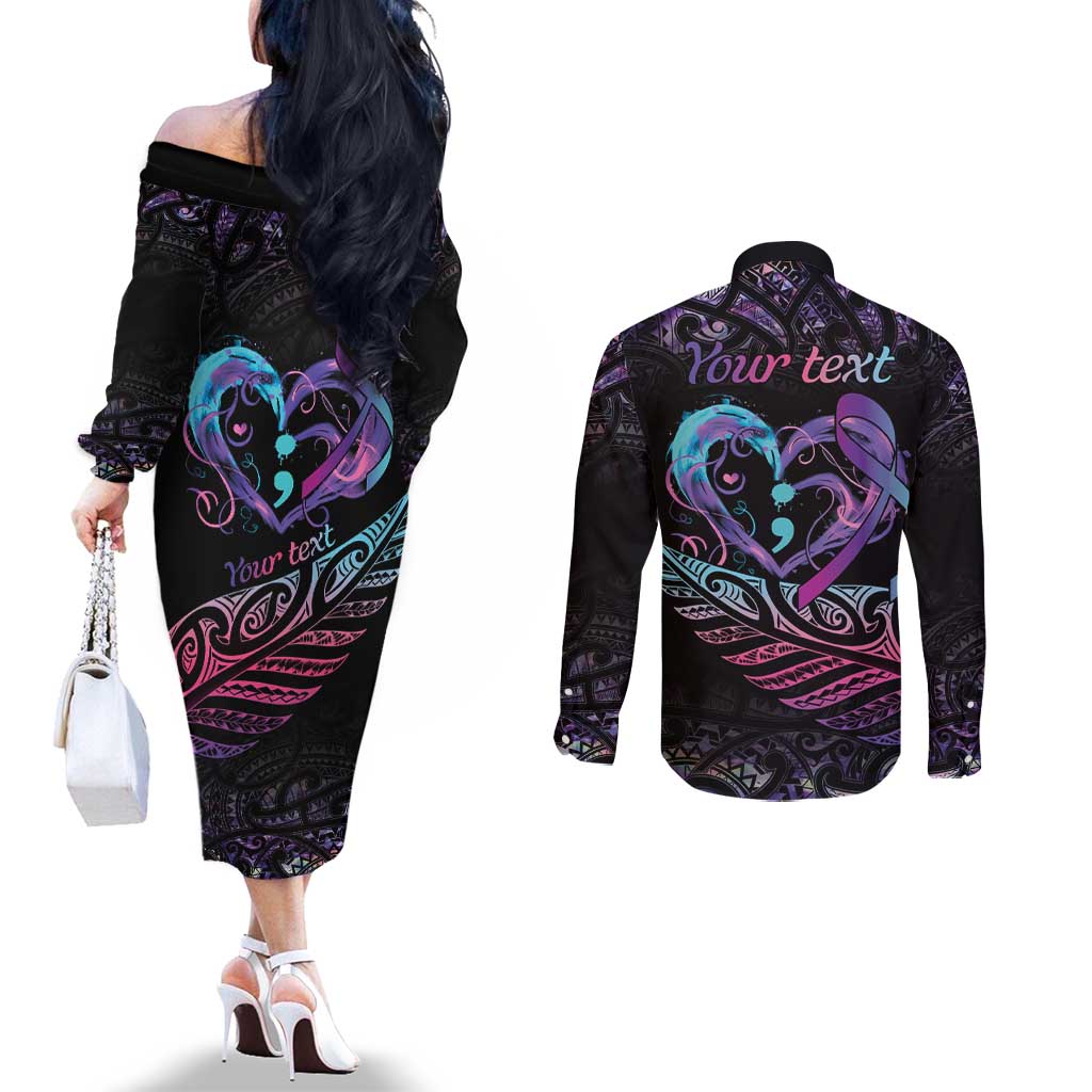 Personalised Your Life Matters Couples Matching Off The Shoulder Long Sleeve Dress and Long Sleeve Button Shirt Suicide Prevention Awareness Semicolon Heart LT9 - Polynesian Pride