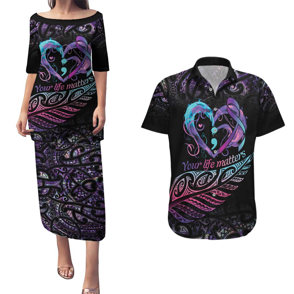 Personalised Your Life Matters Couples Matching Puletasi and Hawaiian Shirt Suicide Prevention Awareness Semicolon Heart LT9 Black - Polynesian Pride