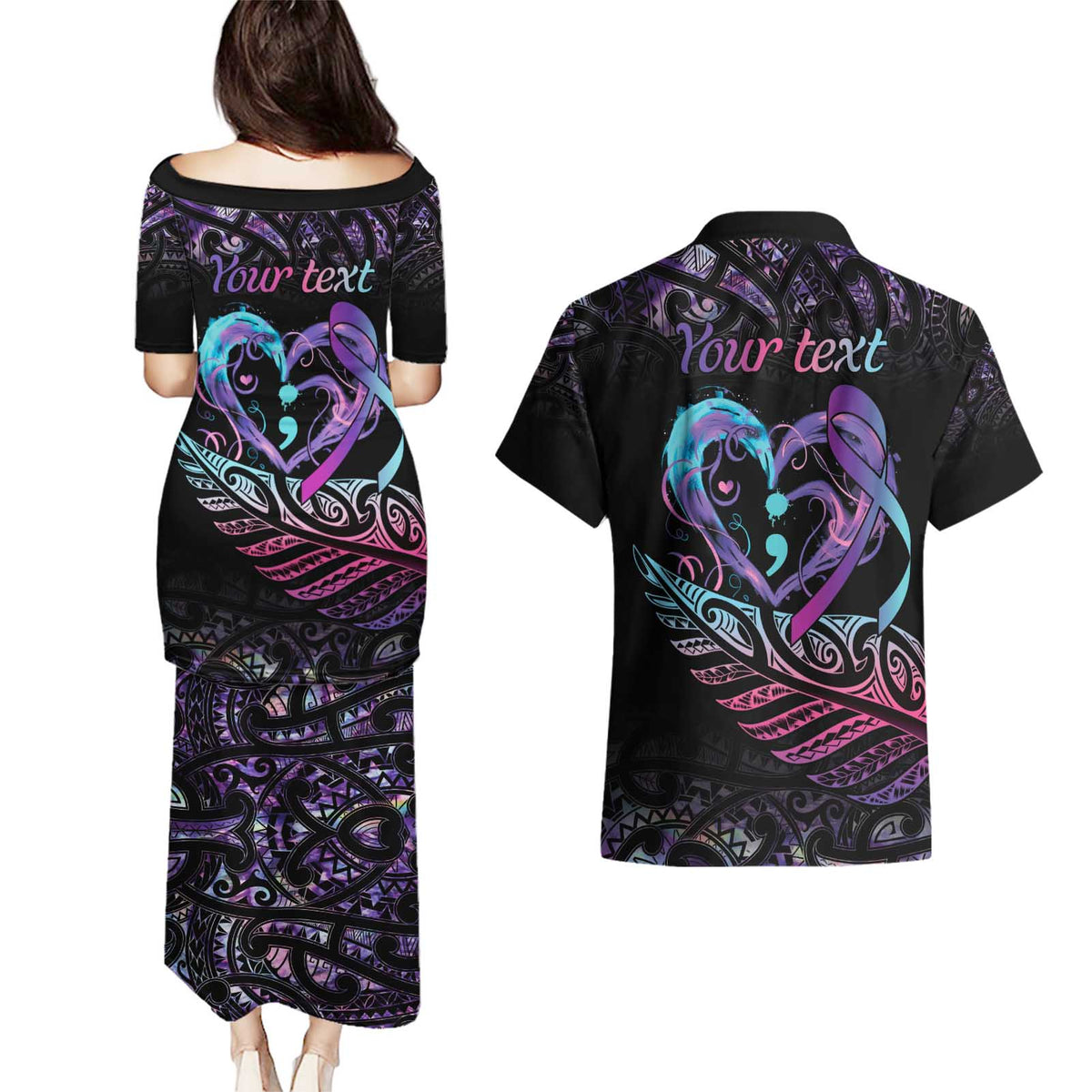 Personalised Your Life Matters Couples Matching Puletasi and Hawaiian Shirt Suicide Prevention Awareness Semicolon Heart LT9 - Polynesian Pride