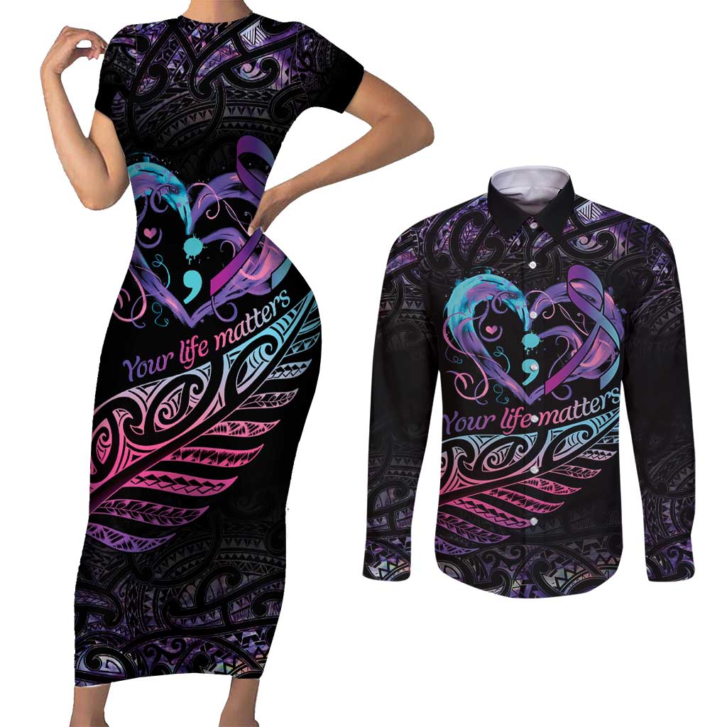 Personalised Your Life Matters Couples Matching Short Sleeve Bodycon Dress and Long Sleeve Button Shirt Suicide Prevention Awareness Semicolon Heart LT9 Black - Polynesian Pride