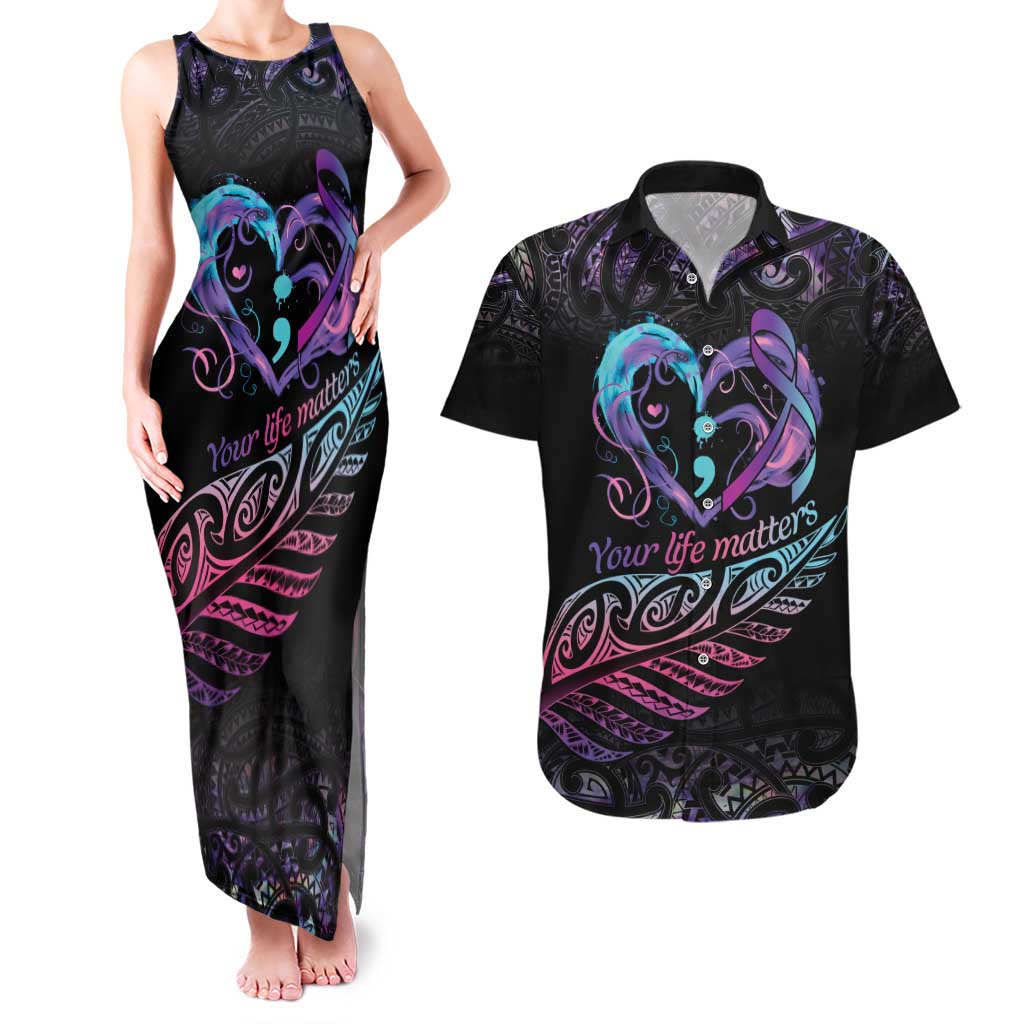 Personalised Your Life Matters Couples Matching Tank Maxi Dress and Hawaiian Shirt Suicide Prevention Awareness Semicolon Heart LT9 Black - Polynesian Pride