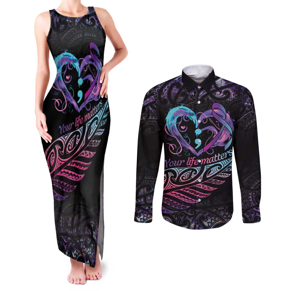 Personalised Your Life Matters Couples Matching Tank Maxi Dress and Long Sleeve Button Shirt Suicide Prevention Awareness Semicolon Heart LT9 Black - Polynesian Pride