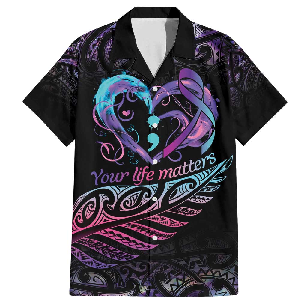 Personalised Your Life Matters Family Matching Long Sleeve Bodycon Dress and Hawaiian Shirt Suicide Prevention Awareness Semicolon Heart LT9 Dad's Shirt - Short Sleeve Black - Polynesian Pride