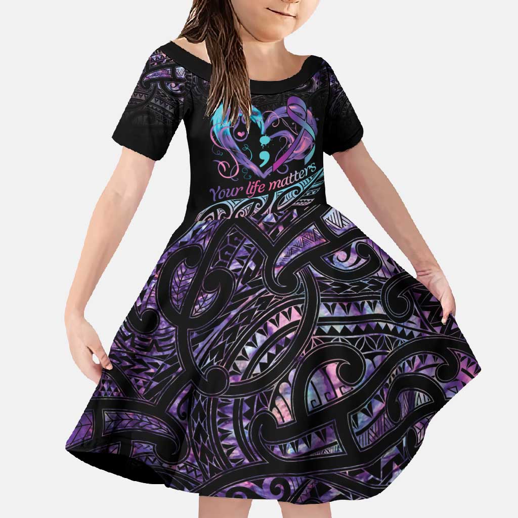 Personalised Your Life Matters Family Matching Mermaid Dress and Hawaiian Shirt Suicide Prevention Awareness Semicolon Heart LT9 Daughter's Dress Black - Polynesian Pride