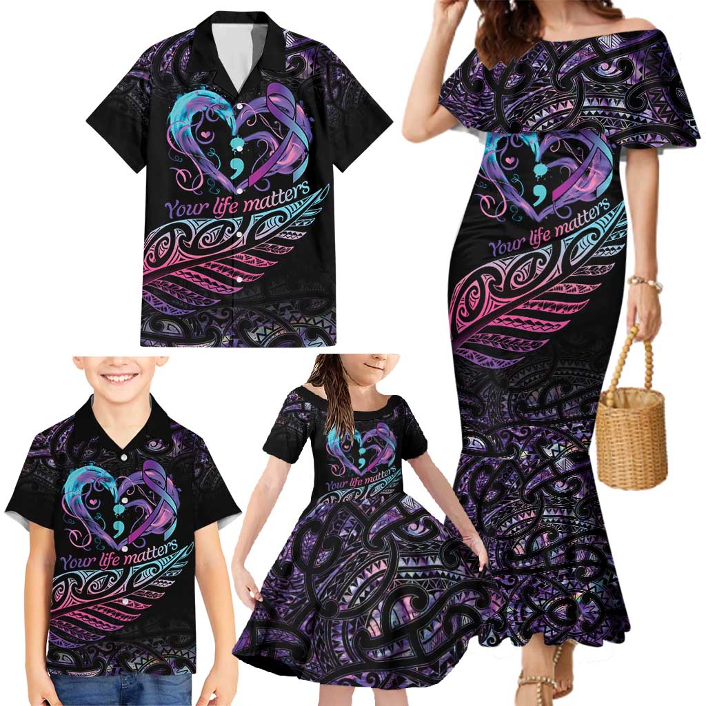 Personalised Your Life Matters Family Matching Mermaid Dress and Hawaiian Shirt Suicide Prevention Awareness Semicolon Heart LT9 - Polynesian Pride