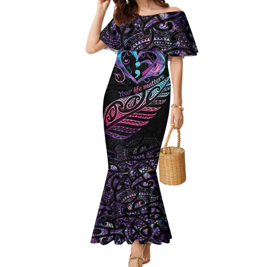Personalised Your Life Matters Family Matching Mermaid Dress and Hawaiian Shirt Suicide Prevention Awareness Semicolon Heart LT9 Mom's Dress Black - Polynesian Pride
