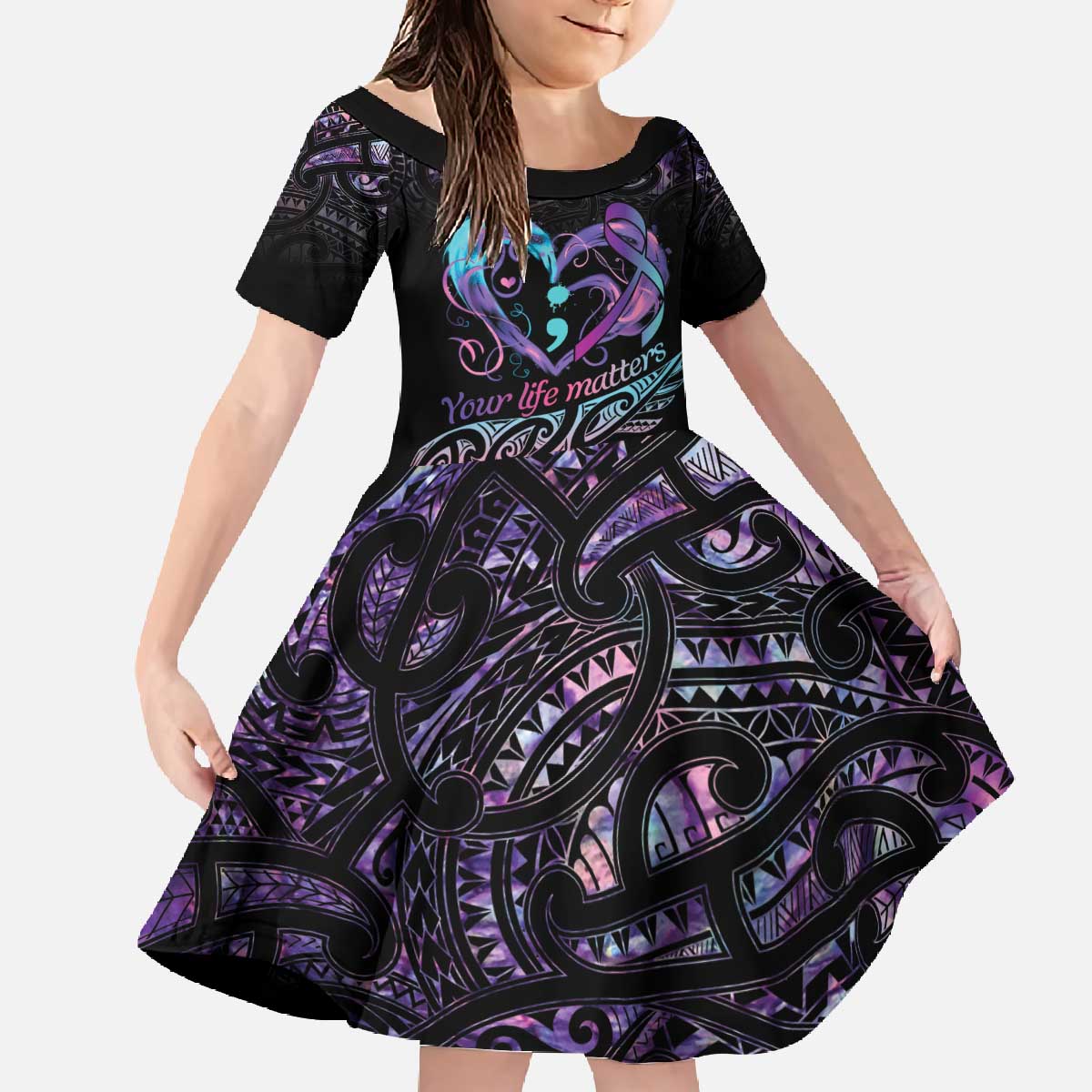 Personalised Your Life Matters Family Matching Off The Shoulder Long Sleeve Dress and Hawaiian Shirt Suicide Prevention Awareness Semicolon Heart LT9 Daughter's Dress Black - Polynesian Pride