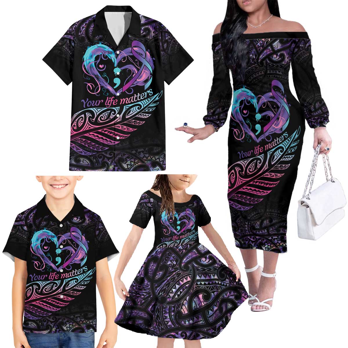 Personalised Your Life Matters Family Matching Off The Shoulder Long Sleeve Dress and Hawaiian Shirt Suicide Prevention Awareness Semicolon Heart LT9 - Polynesian Pride
