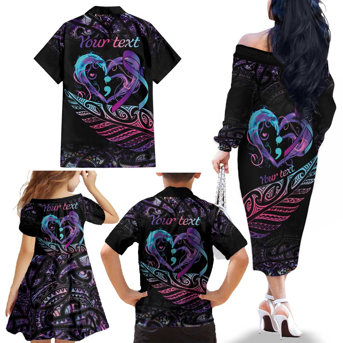 Personalised Your Life Matters Family Matching Off The Shoulder Long Sleeve Dress and Hawaiian Shirt Suicide Prevention Awareness Semicolon Heart LT9 - Polynesian Pride