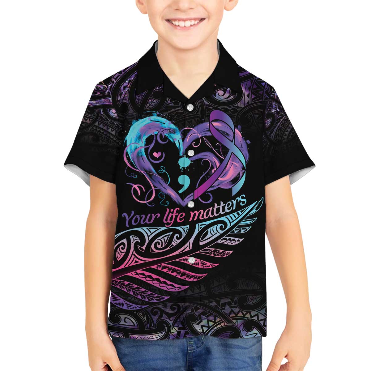 Personalised Your Life Matters Family Matching Off The Shoulder Long Sleeve Dress and Hawaiian Shirt Suicide Prevention Awareness Semicolon Heart LT9 Son's Shirt Black - Polynesian Pride