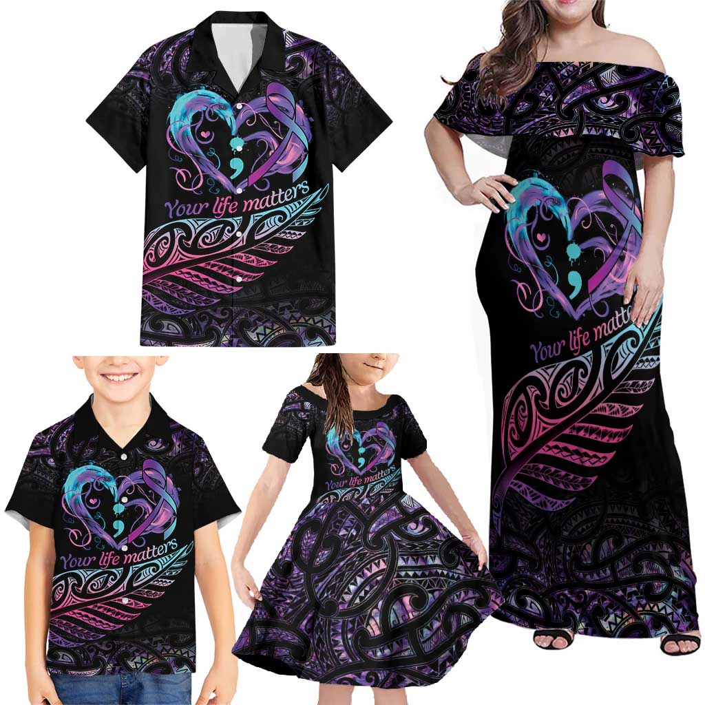 Personalised Your Life Matters Family Matching Off Shoulder Maxi Dress and Hawaiian Shirt Suicide Prevention Awareness Semicolon Heart LT9 - Polynesian Pride