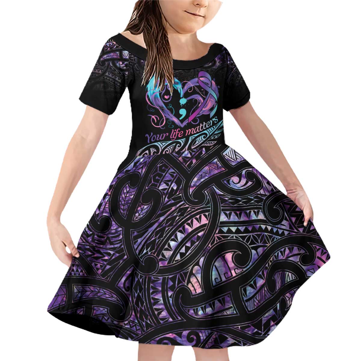 Personalised Your Life Matters Family Matching Off Shoulder Short Dress and Hawaiian Shirt Suicide Prevention Awareness Semicolon Heart LT9 Daughter's Dress Black - Polynesian Pride