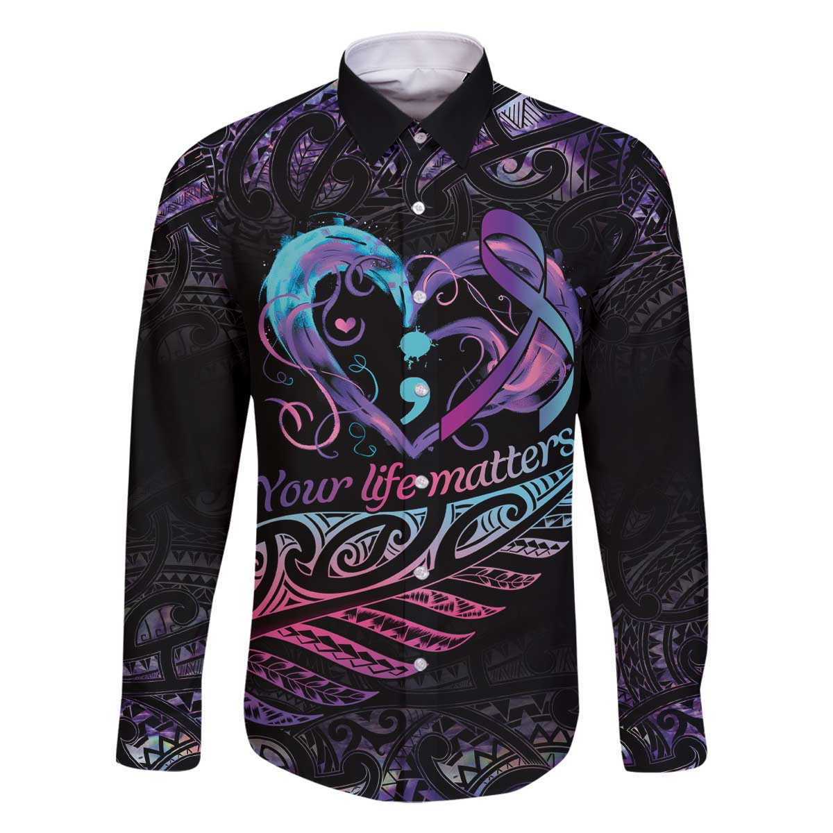 Personalised Your Life Matters Family Matching Off Shoulder Short Dress and Hawaiian Shirt Suicide Prevention Awareness Semicolon Heart LT9 Dad's Shirt - Long Sleeve Black - Polynesian Pride