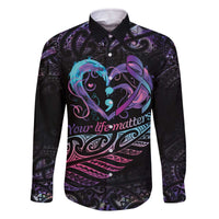 Personalised Your Life Matters Family Matching Off Shoulder Short Dress and Hawaiian Shirt Suicide Prevention Awareness Semicolon Heart LT9 Dad's Shirt - Long Sleeve Black - Polynesian Pride