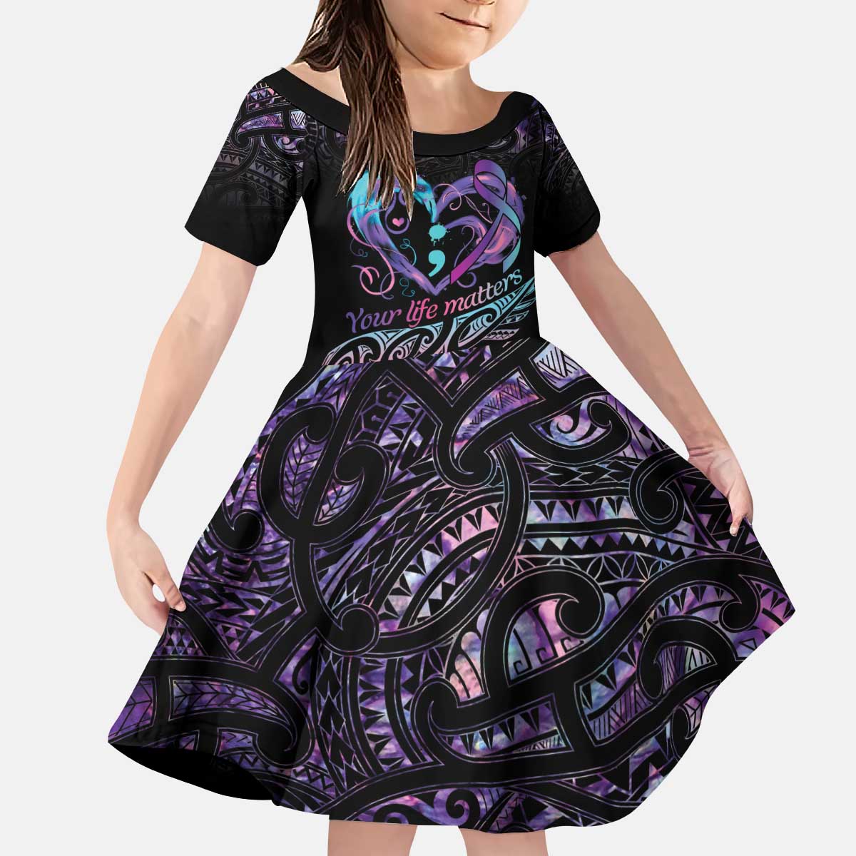 Personalised Your Life Matters Family Matching Puletasi and Hawaiian Shirt Suicide Prevention Awareness Semicolon Heart LT9 Daughter's Dress Black - Polynesian Pride