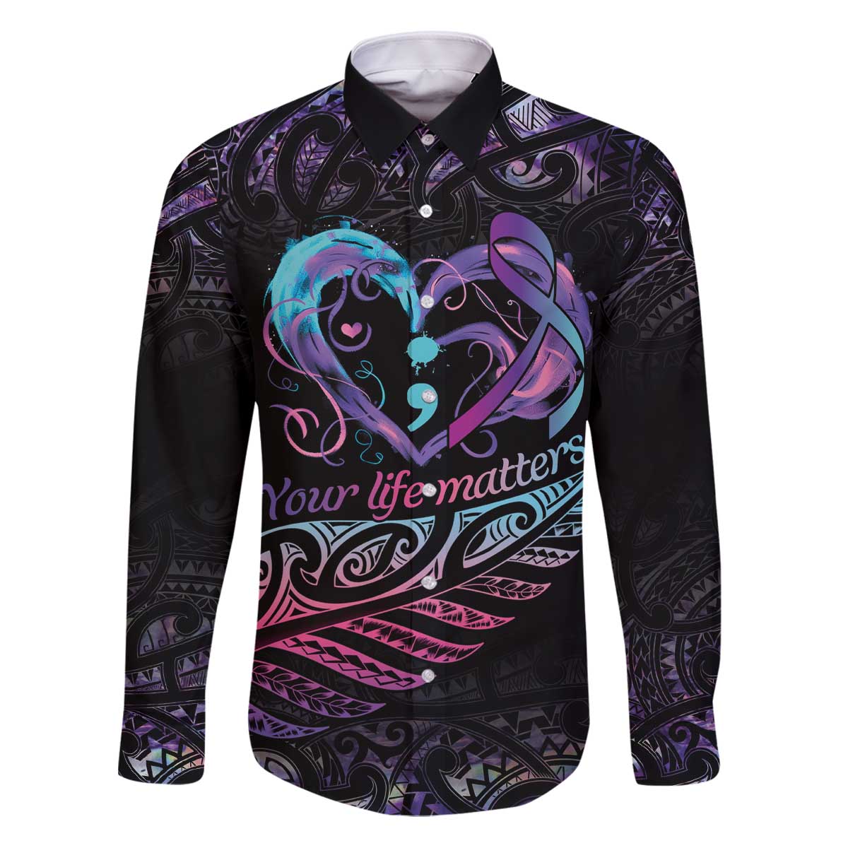 Personalised Your Life Matters Family Matching Puletasi and Hawaiian Shirt Suicide Prevention Awareness Semicolon Heart LT9 Dad's Shirt - Long Sleeve Black - Polynesian Pride