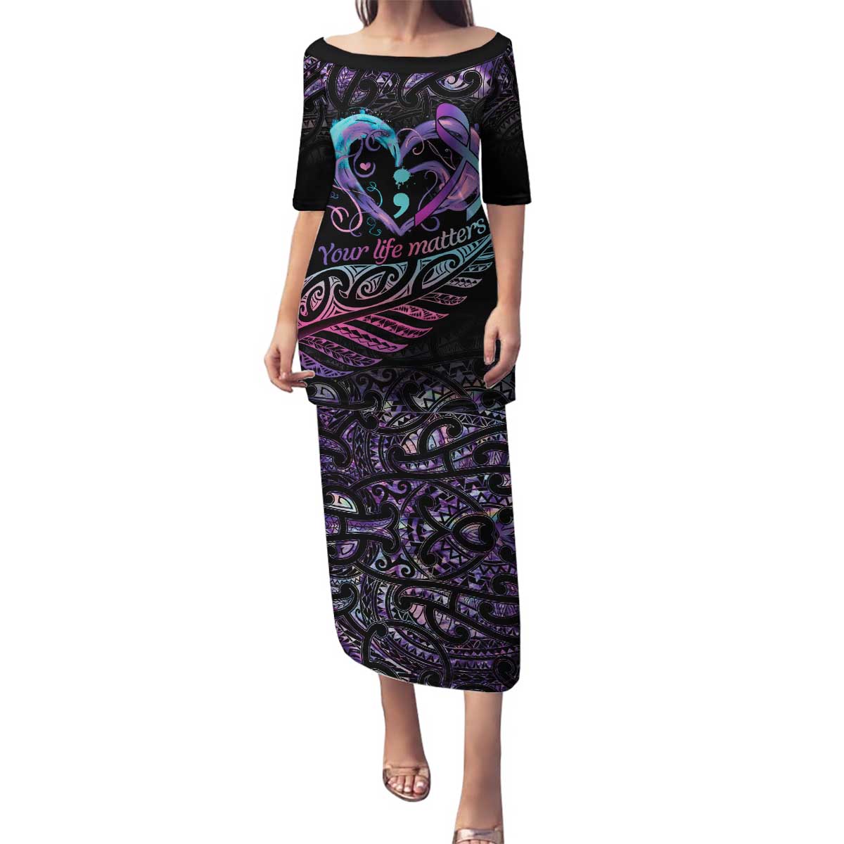 Personalised Your Life Matters Family Matching Puletasi and Hawaiian Shirt Suicide Prevention Awareness Semicolon Heart LT9 Mom's Dress Black - Polynesian Pride